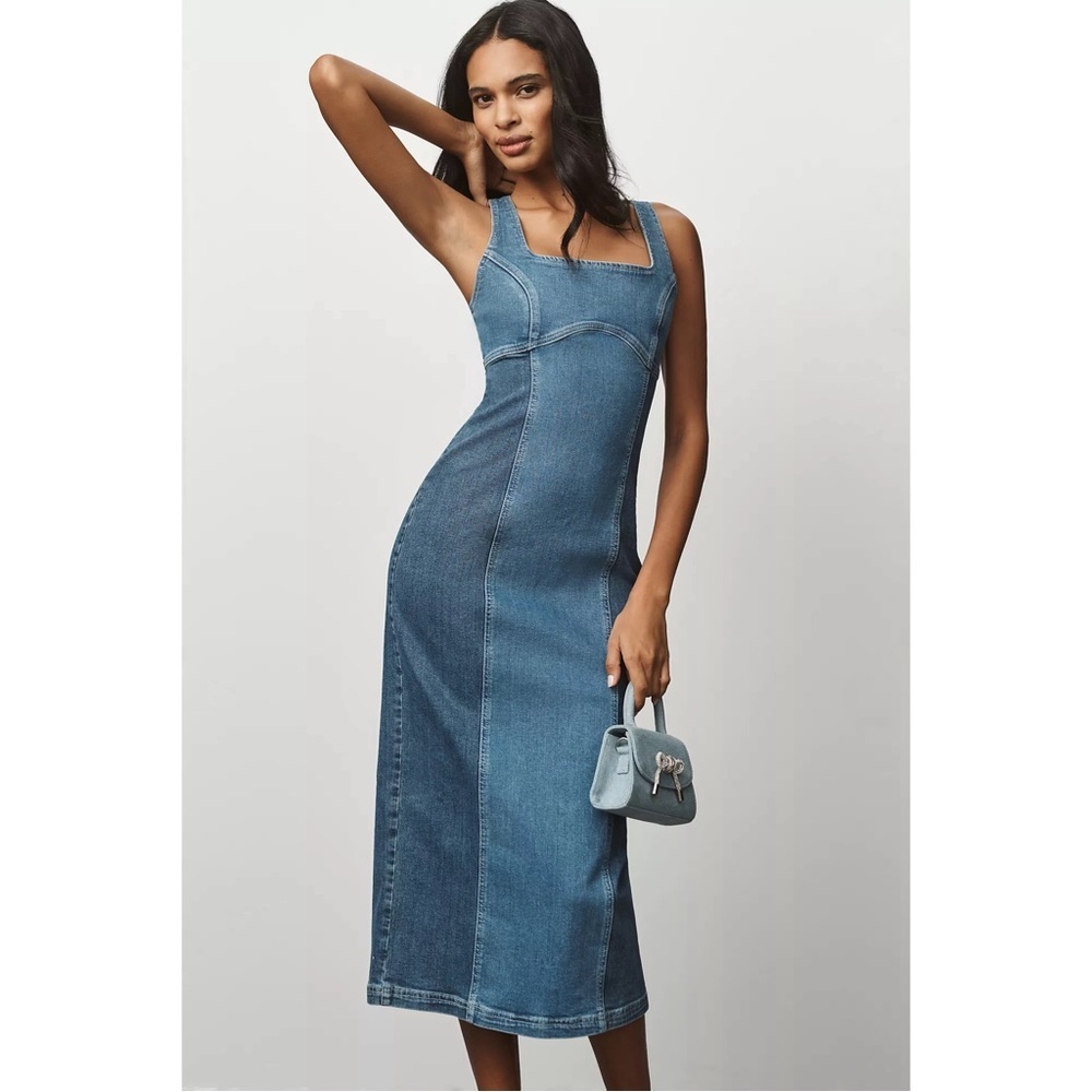 Anthropologie Pilcro Corset Denim Midi Dress Blue Square Neck Small NWT - Picture 2 of 10